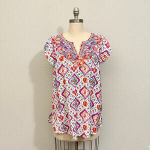 SAVANNA JANE Blouse Multi Floral Embroidered Short Sleeve Hippie Boho